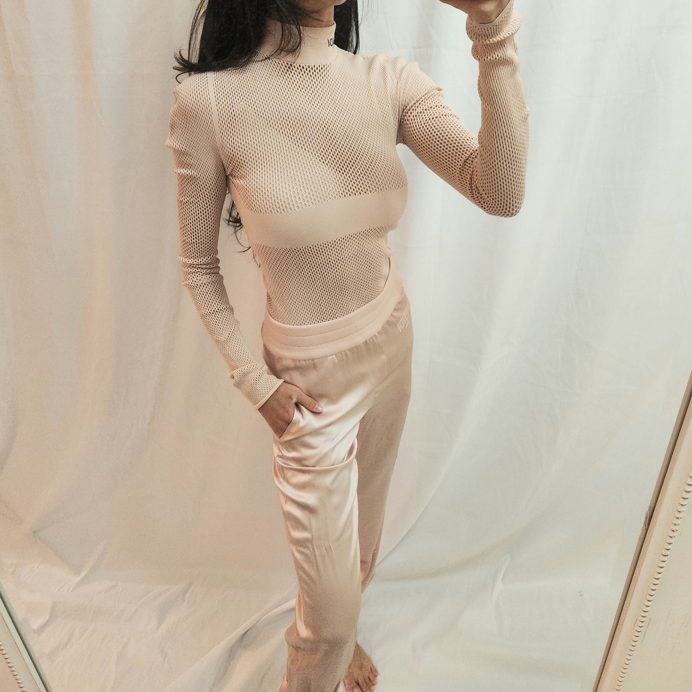 Rare FENDI Mesh Long Sleeve Bodysuit Top Mockneck Pink Cream Minimalist Turtlene